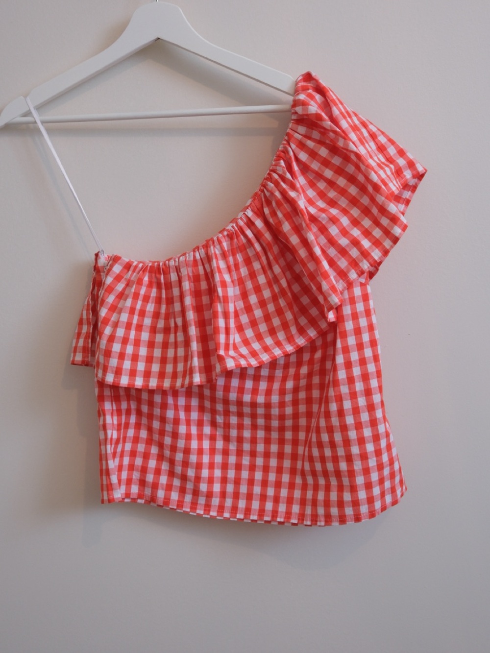 NWT J. Crew One-Shoulder Gingham Ruffle Top